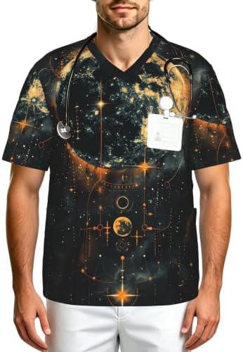 Men's Scrub Top,V-Neck Spill Wrinkle Resistant,3 Pockets-Mysterious Universe (2) by Unknown