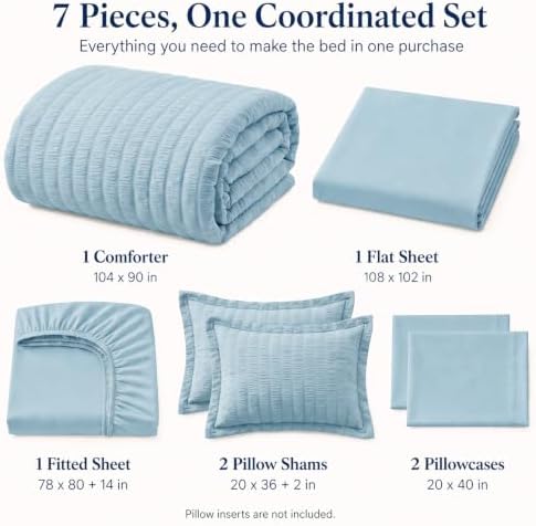 CozyLux King Size Comforter Set 7 Pieces Light Blue Seersucker Bed in a Bag - Image 2
