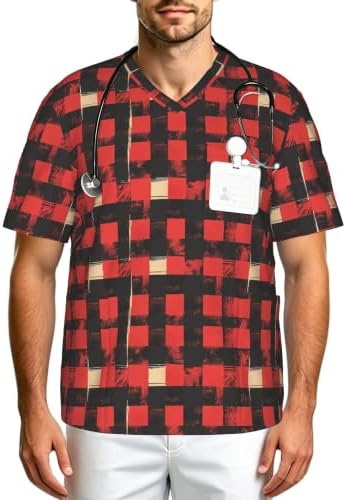 Men's Scrub Top,V-Neck Spill Wrinkle Resistant,3 Pockets-Buffalo Plaid Red and Black (2) by Unknown