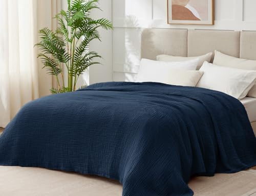 100% Cotton Muslin Blanket Queen 90" x 90", 6 Layers Breathable and Lightweight Cotton Throw Blanket for Bed, Soft Quilt Bedspread Coverlet, Gauze Blanket for Adults All Season, Navy - Image 2