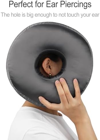 Washable Silky Satin Ear Piercing Pillow with Removable Pillowcase Smooth Cooling Donut Pillows Hole for Ear Pain Relief CNH Sleeping Pressure Sore Side Sleepers Ear Guard Protector, Dark Gray Cover - Image 4