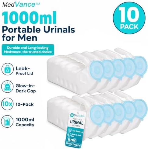 MedVance Urinals for Men 1000ml, Spill Proof Glow in the Dark Lid, 10 Pack - Image 2