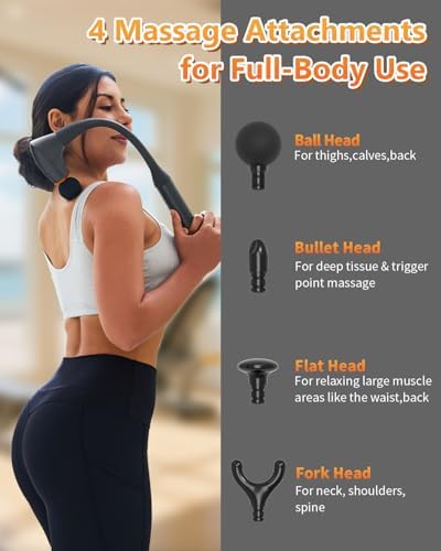 2-in-1 Massage Gun Deep Tissue With Extension Handle, Back & Neck Massager For Shoulder, Leg, Portable Massage With 4 Replacement Heads For Deep Muscle Pain Relief, Relax Gift, FSH-Eligible - Image 6