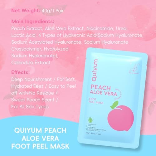 QUIYUM 6 Pairs Peach & Aloe Vera Exfoliating Foot Mask, Foot Peeling Masks - Image 2