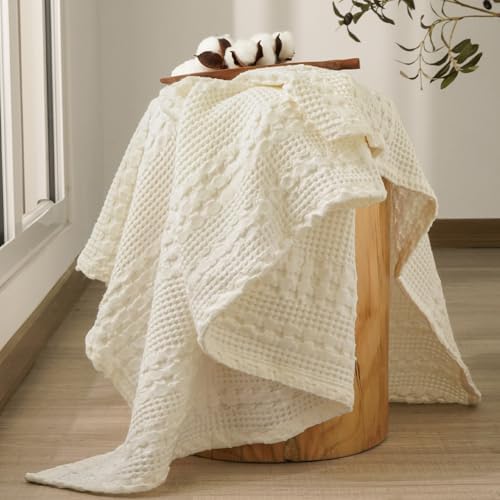 PHF Lightweight 100% Cotton Waffle Throw Blanket for Couch, Cannoli Cream - Image 4
