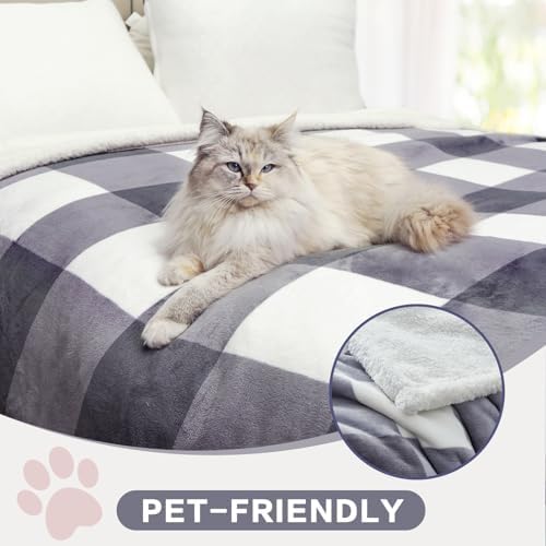 PU MEI Sherpa Blanket Fleece Throw Blanket Full Queen Plaid Thick Bed Blanket, Soft Warm Cozy Grey Checkered Throw Blanket 80"*90" - Image 3