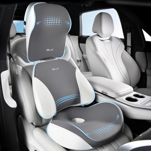 FLORICH Upgraded 3-in-1 Memory Foam Car Seat Cushion Set with Lumbar Support & Neck Pillow, Washable Driving Seat Cushion for Back & Sciatica Pain Relief, Non-Slip Seat Cushion for Car, Office-Gray by FLORICH
