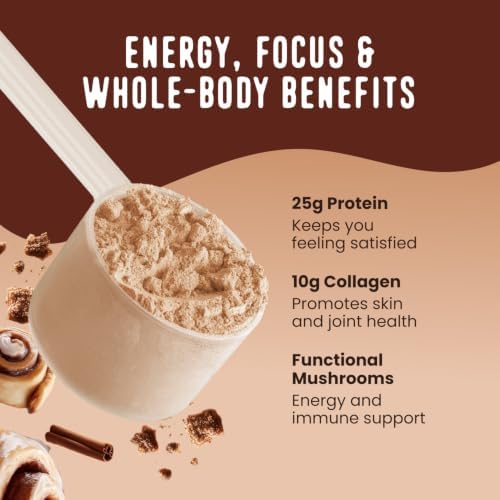 FlavCity All in One Protein Shake Powder, Cinnamon Roll - On the Go Meal Alternative + Collagen Peptides, Reishi & Cordyceps - Focus, Skin, Hair & Joint Support - 100% Grass Fed Whey, 20 Servings - Image 4