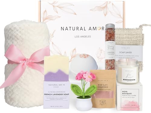 Natural Amor 8-Piece Spa Gift Set with Blanket – Self-Care Box with Rose Clay Mask, Bath Bomb, Goat Milk Soap, Candle– Relaxation Gift for Women – Pink Ribbon Blanket by NATURALAMORLOSANGELES