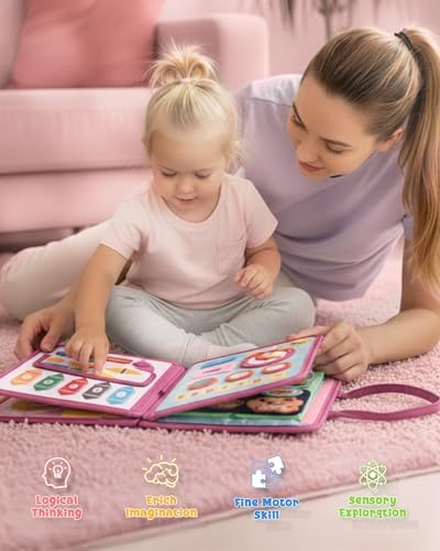Montessori Busy Board, 8-Page Sensory Activity Toy, Pink - Image 4