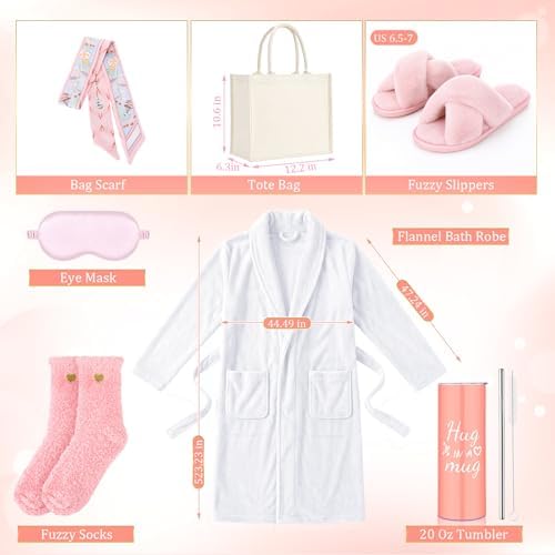Patelai 7 Pcs Birthday Gifts for Women Spa Robe and Slippers Set Self Care Gift Basket for Women Spa Gift Basket for Friend - Image 2