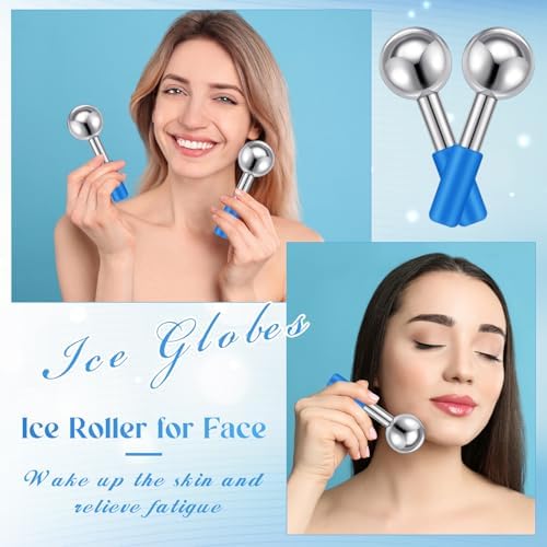 Baderke 2 Pcs Ice Globes for Face Stainless Steel Cooling Globes Unbreakable Cooling Roller Women Ice Balls Cryo Sticks Facials Skin Care for Dark Circles, Puffiness(Silver (Blue Handle)) - Image 5