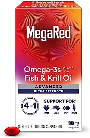 Megared Omega-3 Fish & Krill Oil Supplement 900mg - MegaRed Advanced 4in1, 60 softgels, 2x More Omega-3, Heart, Joint, Brain and Eye Supplement, Red, 60 Count by MegaRed