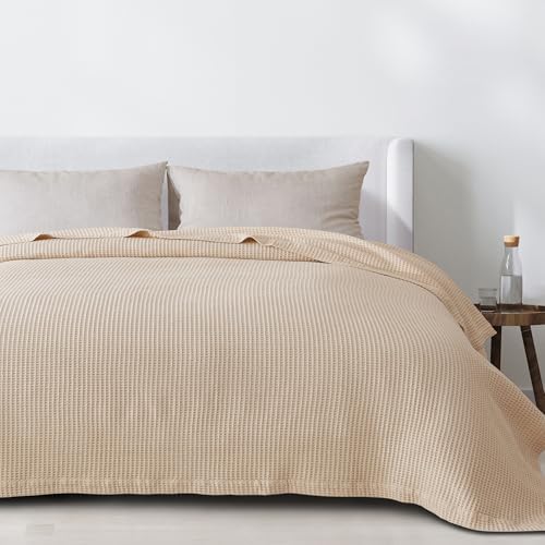 100% Cotton Taupe Blanket Full/Queen Size for Bed - Breathable and Soft, Waffle Weave for Summer Spring, 90x90 Inches - Image 6