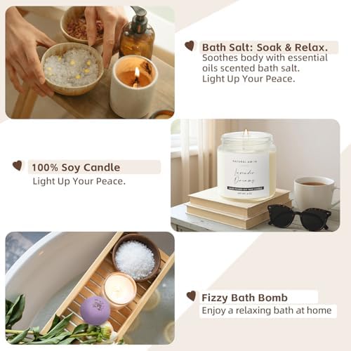 Natural Amor 5-Piece Lavender Spa Gift Set – Bath Bomb, Body Butter, Bar Soap, Bath Salt, Candle – Relaxing Self Care Kit for Women – Gift Box for Birthday, Thank You, Get Well - Image 5