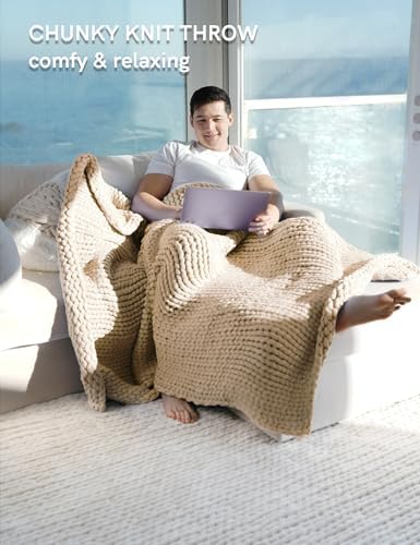 YnM Chunky Throw Blanket, Medium-Weight, Hand Knitted, Skin Friendly, Ventilated and Breathable, Machine Washable, Home Décor Piece for Couch, Sofa and Bed (Beige, 40x50 Inch) - Image 3