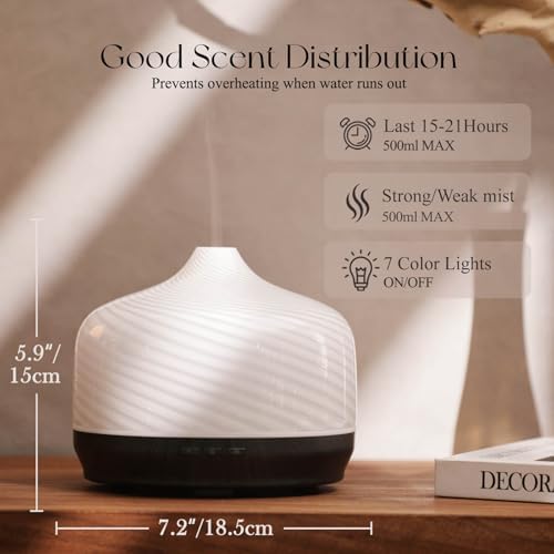 Porseme 500ml Glass Essential Oil Diffuser Aromatherapy Ultrasonic Cool Mist Humidifier 15-21 Running Hours Waterless Auto-Off Air Diffusers for Sleeping Yoga Working Spa(Pure White) - Image 3