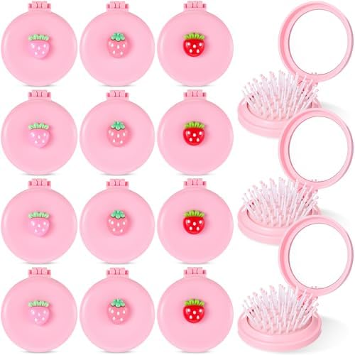 12 Pcs Pink Coquette Strawberry Mini Hair Brushes Folding Mirror Coquette Detangler Brush Bulk Round Compact Massage Scalp Comb for Purse Women Travel Team Gifts Trendy Stuff Party Favors by Yiyiring