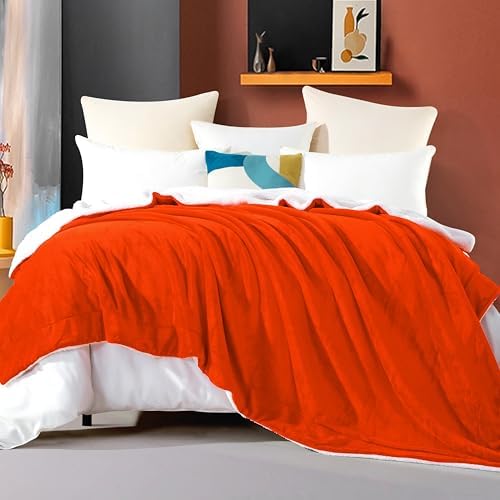 Elegant Comfort Ultra Soft Reversible Flannel Sherpa Blanket - Cozy Silky Fleece Throw for Couch, Bed - Plush Fuzzy Warm Winter Blanket for Gift, King, Orange - Image 2