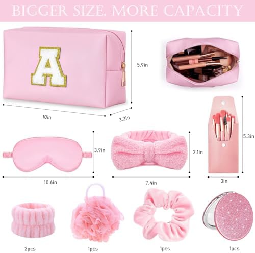 Makeup Gift Set – Initial Cosmetic Bag, Pink Spa Accessories, Satin Eye Mask & Headband; Spa Party Supplies for Girls, Sleepover Party Supplies Gifts for Teen Girls Bridesmaid - Image 2