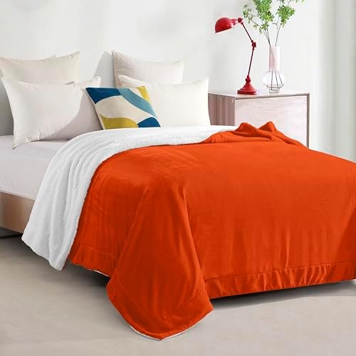Elegant Comfort Ultra Soft Reversible Flannel Sherpa Blanket - Cozy Silky Fleece Throw for Couch, Bed - Plush Fuzzy Warm Winter Blanket for Gift, King, Orange - Image 3