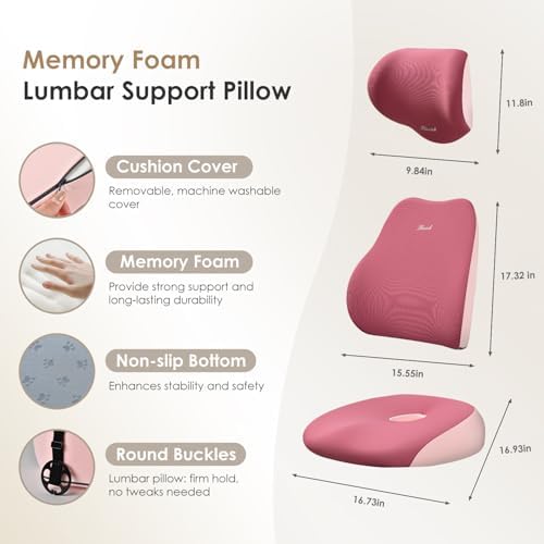 FLORICH Car Seat Cushion & Lumbar Support Pillow & Car Neck Pillow, Ergonomic Memory Foam Driving Seat Cushions for Back & Sciatica Pain Relief, Non-Slip Cushion for Car, Office Chair,Wheelchair-Pink - Image 3