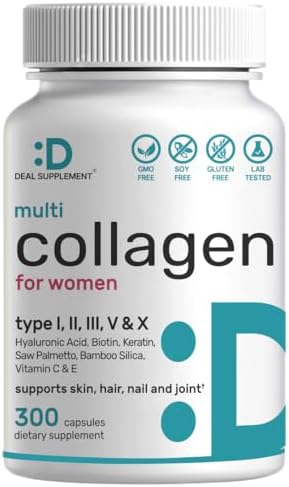 Multi Collagen Pills for Women & Men with Vitamin C, E & Biotin, 300 Capsules – Type I, II, III, V, X Hydrolyzed Collagen Peptides – 11 in 1 Formula with Saw Palmetto, Bamboo Silica, & Hyaluronic Acid by DEAL+SUPPLEMENT