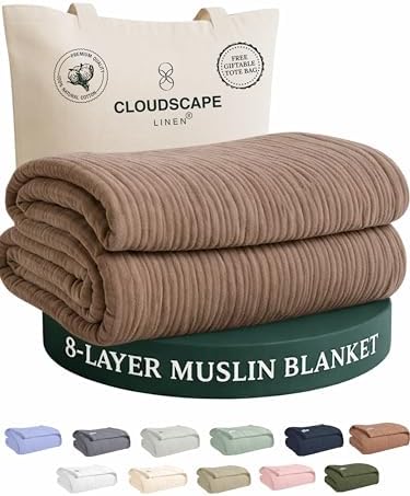 CLOUDSCAPE 8 Layer 100% Cotton Muslin Blanket Queen 92"x92"- Mocha Mousse by CloudScapeLinen