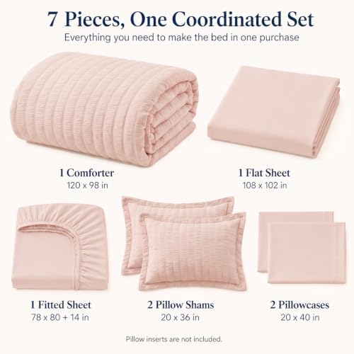 CozyLux Oversized King Comforter Set 120x98, 7-Piece Blush Pink Seersucker - Image 2