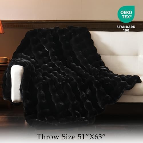 BENVWE Faux Fur Throw Blanket for Couch - Thickened Fluffy Soft Bubble Blanket for Living Room Home Decor - Fathers Day Birthday Gifts for Women Men, Black, 50" x 60",1300GSM - Image 3