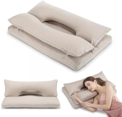 Yookeer 2 in 1 Cervical Neck Pillow for Sleeping 26 x 17 Inch Adjustable Gray Cotton Ergonomic Pillow with Snap Buttons Neck Support Supplies Ear Pressure Relief for Side Back Stomach Sleeper by Yookeer