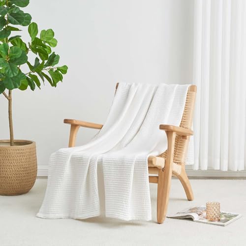 100% Cotton White Blanket Twin Size for Bed - Breathable and Soft, Waffle Weave for Summer Spring, 90x66 Inches - Image 3
