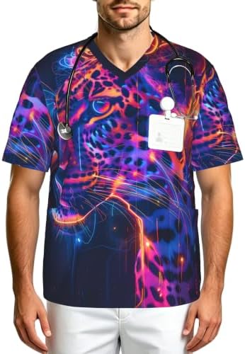Men's Scrub Top,V-Neck Spill Wrinkle Resistant,3 Pockets-Leopard Neon (1) by Unknown