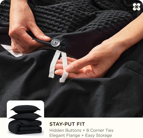 Bedsure PureWoven 3 Pieces 100% Cotton Waffle Duvet Cover Set, King, Black - Image 5