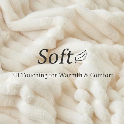 BEDELITE Ribbed Fleece Throw Blanket for Couch, Cream, 50"x60" - Image 5