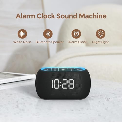 ANJANK Alarm Clock White Noise Sound Machine with Bluetooth Speaker, 21 Soothing Sounds, 7 Night Lights, 0-100% Dimmer/Sleep Timer/Volume Control, Small Design for Kids Adults Sleeping,Bedroom (Black) - Image 2