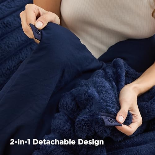 Bedsure Gentlesoft™ 2-in-1 Queen Comforter Set and Detachable Fluffy Blanket, Navy Blue Bedding Set for All Season Use, Detachable Design for Space Saving (Includes 2 Pillow Shams, 2 Pillowcases) - Image 5