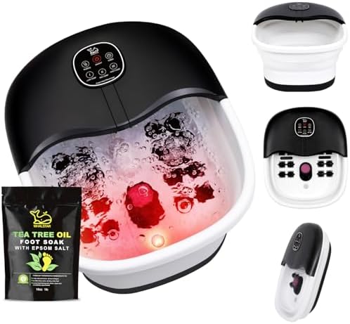 Collapsible Foot Spa Bath Massager with Heat Bubbles and Vibration Massage and Jets, 16oz Tea Tree Oil Foot Soak with Epsom Salt, Foot Bath Basin with Red Light & Remote - Black by Unknown