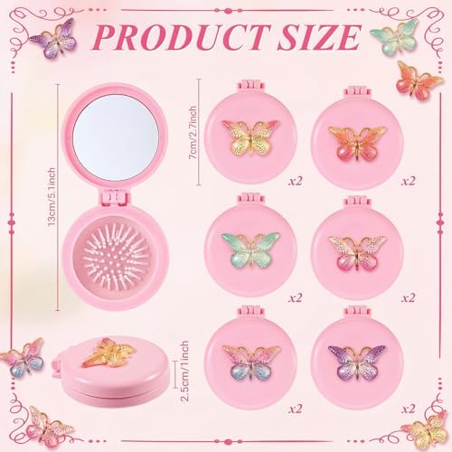 12 Pcs Pink Coquette Butterfly Mini Hair Brushes Folding Mirror Coquette Detangler Brush Bulk Round Compact Massage Scalp Comb for Purse Women Travel Team Gifts Trendy Stuff Party Favors - Image 2