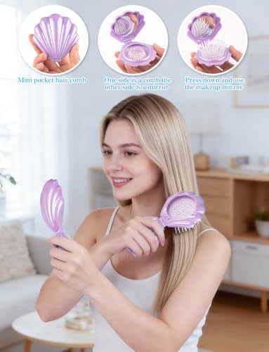 8 Pcs Foldable Travel Shell Hair Brush with Mirror - Image 6