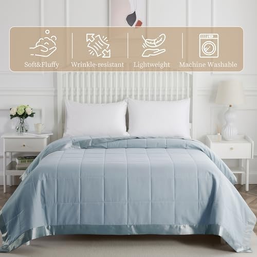 COMFLIVE Twin Down Alternative Blanket - Lightweight Satin Trim, Blue - Image 2