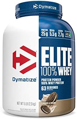Dymatize Elite 100% Whey Protein Powder, Cookies & Cream, 25g of Protein, 5.5g BCAAs, Less Than 140 Cal., Gluten Free, 2g Carb, 2g Sugar, 3g Fat (63 Servings) by DymatizeNutrition