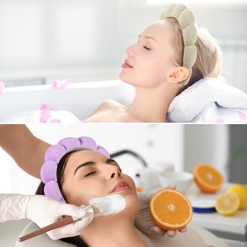 Ztomine Spa Headbands, Set of 2, Terry Cloth Headband for Washing Face or Facial, Puffy Makeup Headbands for Face Washing, Mask, Beige + Purple (1 Beige & 1 Purple Combo Pack) - Image 3