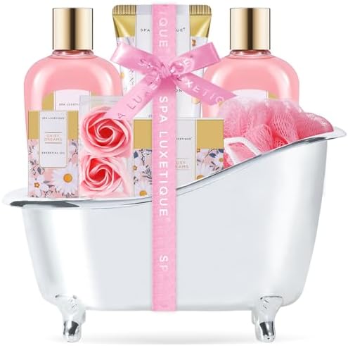 Self Care Gifts for Women, Spa Luxetique 8pcs Daisy Bath and Body Gift Baskets for Her, Bath Set with Bubble Bath, Lotion, Christmas Gifts for Mom by spaluxetique