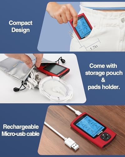 NURSAL 24 Modes TENS Unit Muscle Stimulator, Rechargeable Electronic Pulse Massager with 8 Pads for Back and Shoulder Pain Relief and Muscle Strength (Red) - Image 6