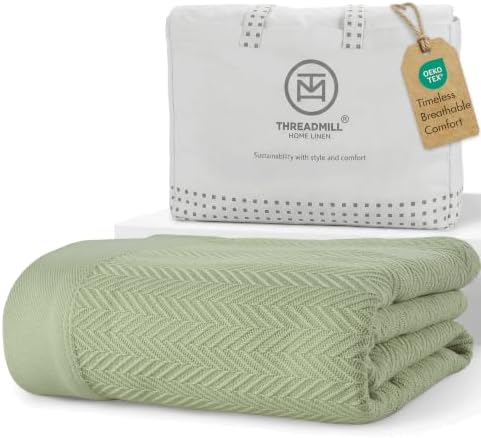 Threadmill Luxury 100% Cotton King Herringbone Blanket, Sage Green by ThreadmillHomeLinen
