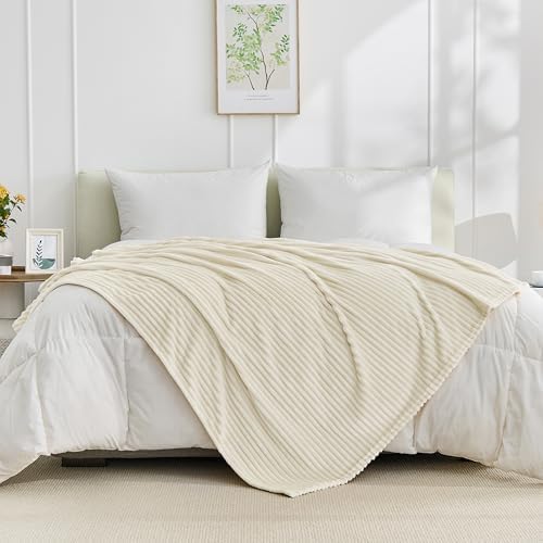 Bnuitland Fleece Throw Blanket for Couch, 300GSM Soft Warm Cozy Fluffy Ivory Throw for Adults & Kids, Stripe Pattern 50"x60", All Season Sofa Bed Blanket for Home Decor - Image 6