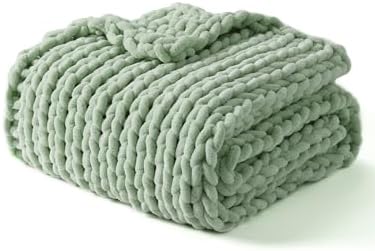 YnM Chunky Throw Blanket, Medium-Weight, Hand Knitted with Chenille Yarn, Skin Friendly, Ventilated and Breathable, Machine Washable, Home Décor Piece for Couch, Sofa and Bed (Sage Green, 80x87 Inch) by YNM