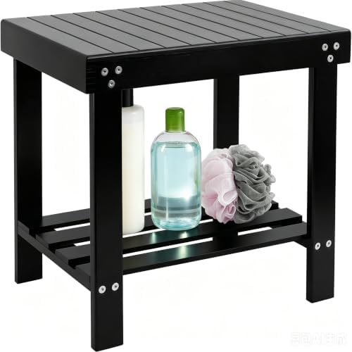 VaeFae Bamboo Spa Bench Seat Stool Foot Rest Shaving Stool with Non-Slip Feets Storage Shelf for Shampoo Towel,Works in Bathroom/Living Room/Bedroom/Garden Leisure (Black) by VaeFaeDirect