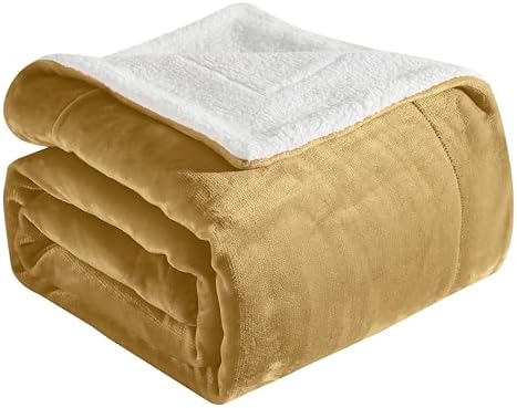 Elegant Comfort Ultra Soft Reversible Flannel Sherpa Blanket - Cozy Silky Fleece Throw for Couch, Bed - Plush Fuzzy Warm Winter Blanket for Gift, Full, Gold by ELEGANTCOMFORT